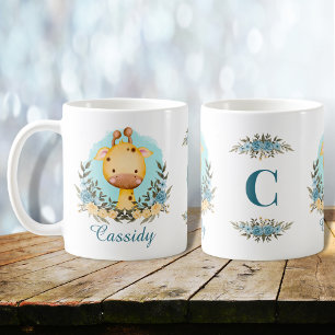 Cute Baby Giraffe Floral Monogram Personalised Coffee Mug