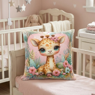 Cute Baby Giraffe Floral Nursery Cushion