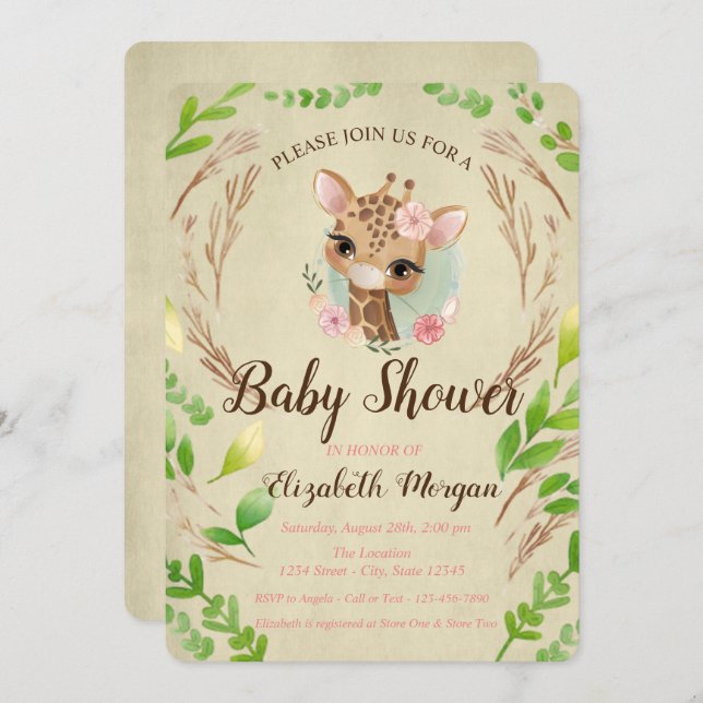 Cute Baby Giraffe, Leaves Invitation (Front/Back)
