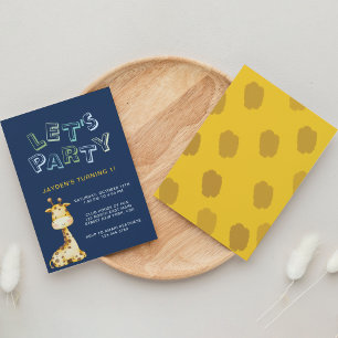 Cute Baby Giraffe Navy Blue 1st Birthday Invitation