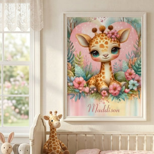 Cute Baby Giraffe Personalised Name Nursery Poster