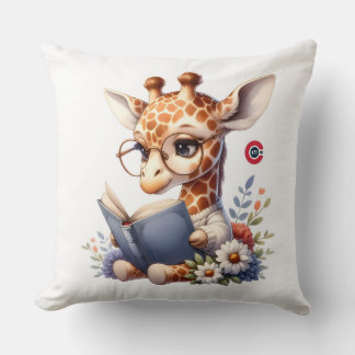 Cute Baby Giraffe Reading Book with Glasses Throw  Cushion