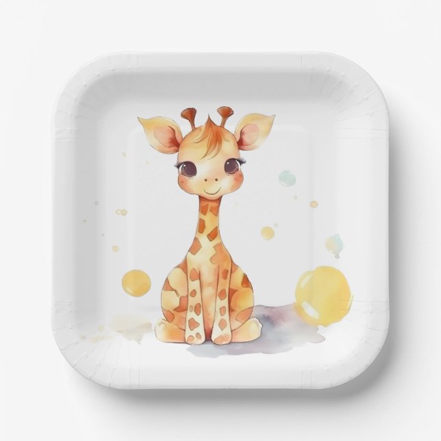 Cute Baby Giraffe Square Paper Plate (Front)