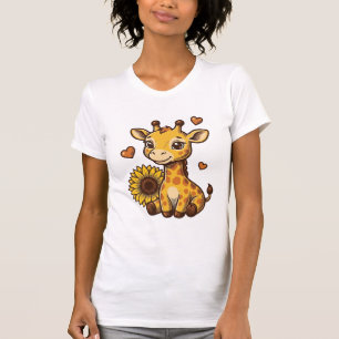 Cute Baby Giraffe Sunflower Vintage Engraving Tee_ T-Shirt