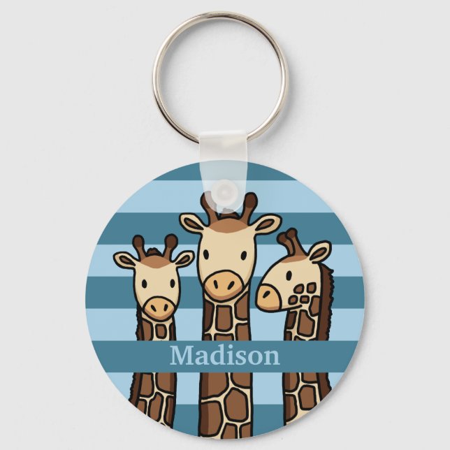Cute Baby Giraffe Trio, Add Child's Name Key Ring (Front)