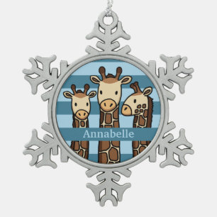 Cute Baby Giraffe Trio, Add Child's Name Snowflake Pewter Christmas Ornament