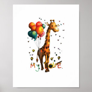 Cute Baby Giraffe Wth Colourful Balloons And Vivid Poster