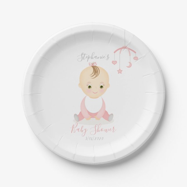 Cute Baby Girl and her Mobile Baby Shower Paper Plate (Front)