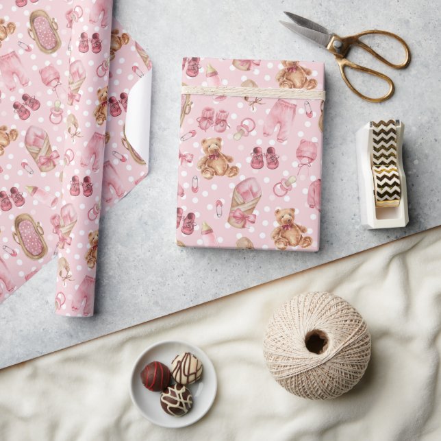 Cute Baby Girl Baby Shower Teddy Bears Clothes Wrapping Paper (Crafts)