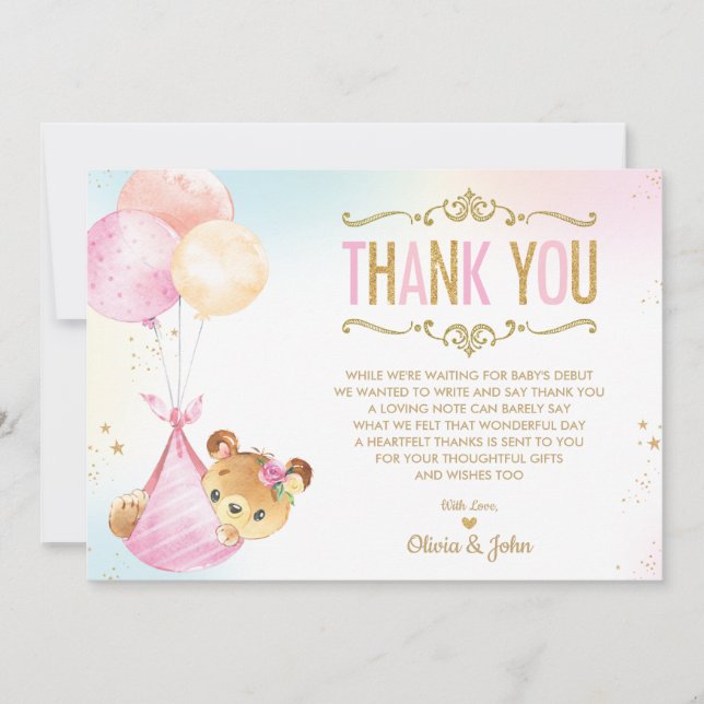 Cute Baby Girl Bear Balloons Baby Shower Sprinkle Thank You Card (Front)