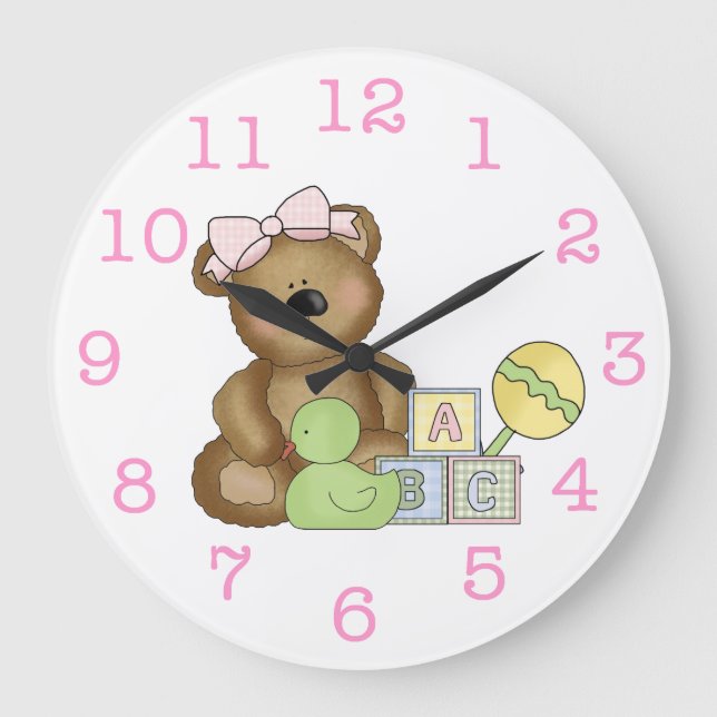 Cute Baby Girl Bear in Pink Bow+Rattle/Duck Large Clock (Front)
