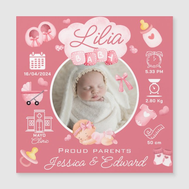 Cute Baby Girl Birth Stats Pink Newborn Modern (Front)