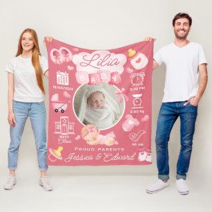 Cute Baby Girl Birth Stats Pink Newborn Modern  Fleece Blanket