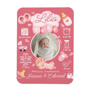 Cute Baby Girl Birth Stats Pink Newborn Modern  Magnet