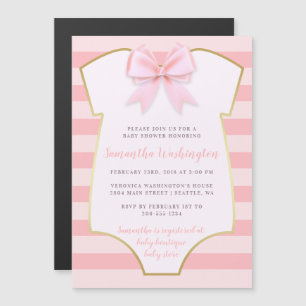 Cute Baby Girl Blush Pink Bow & Gold Baby Shower Magnetic Invitation