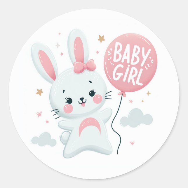 Cute Baby Girl Bunny with Balloon Classic Round Sticker (Front)