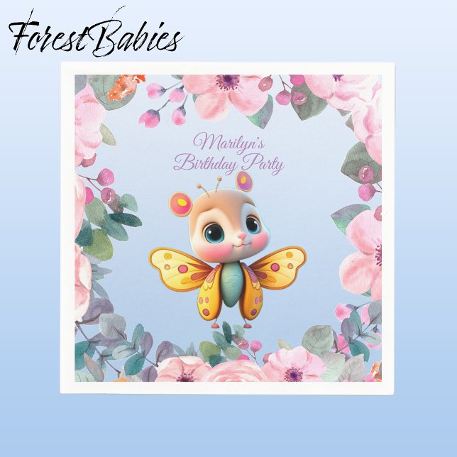 Cute Baby Girl Butterfly Pink Floral Kid Birthday Napkin (Butterfly Girl 🦋 Pink Floral 🌸 ForestBabies Customizable Birthday Party Paper Napkins)
