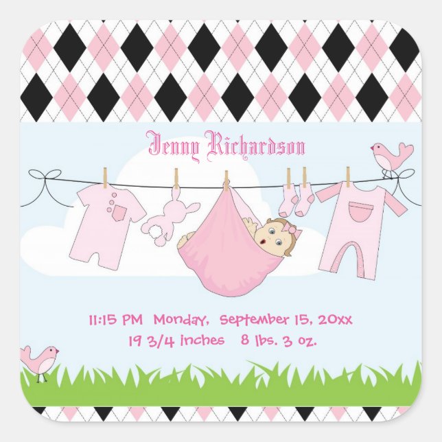 Cute Baby Girl Clothes Line Square Sticker (Front)