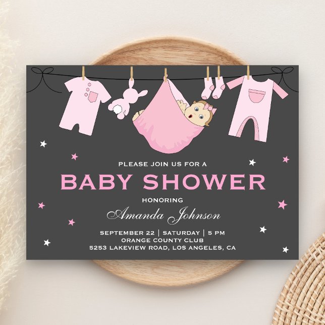 Cute Baby Girl Clothesline Baby Shower Invitation (Creator Uploaded)