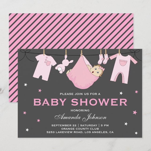 Cute Baby Girl Clothesline Baby Shower Invitation (Front/Back)