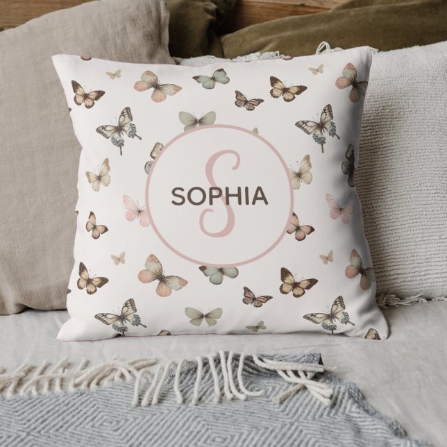 Cute Baby Girl Custom Monogram Butterfly Pattern Cushion (Custom Butterfly Pillow with Name - Personalized Home Decor, Unique Gift, Whimsical Design)