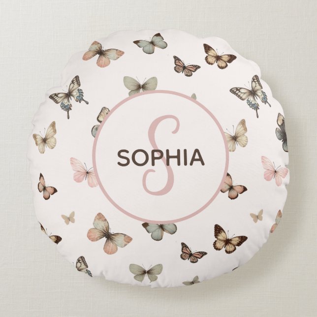 Cute Baby Girl Custom Monogram Butterfly Pattern Round Cushion (Front)