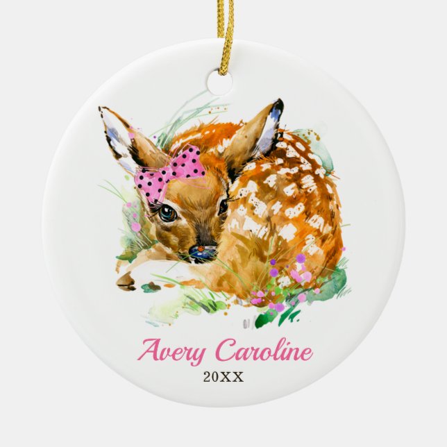 Cute Baby Girl Deer Fawn Personalised Christmas Ceramic Ornament (Front)