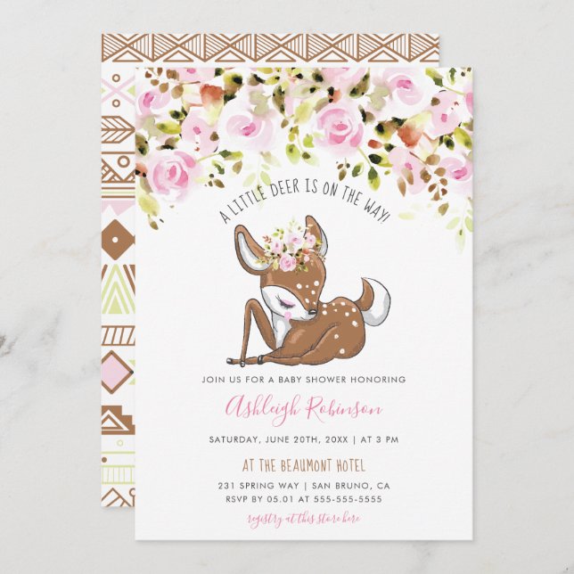 Cute Baby Girl Deer & Tribal Flowers Baby Shower Invitation (Front/Back)