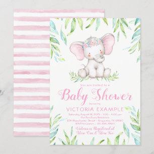 Cute Baby Girl Elephant Baby Shower Invitations