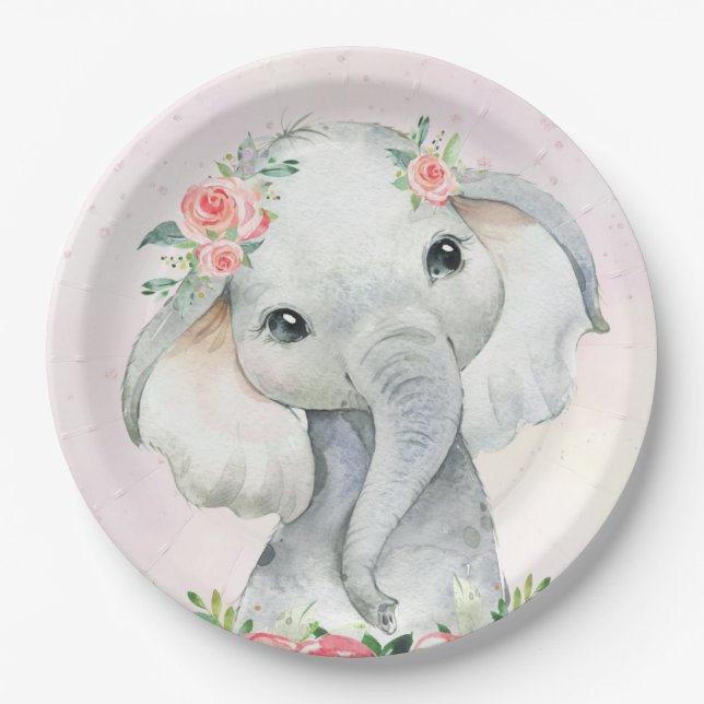 Cute Baby Girl Elephant Baby Shower Paper Plate (Front)