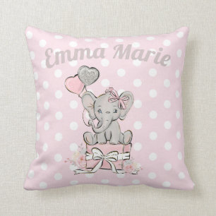 Cute Baby Girl Elephant Balloons Pink Silver Cushion