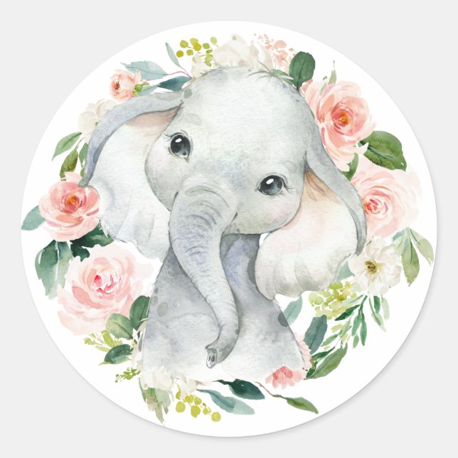 Cute Baby Girl Elephant Floral Envelope Seal (Front)