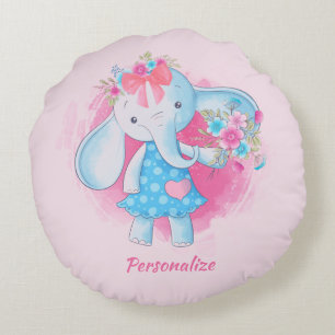 Cute Baby Girl Elephant Flowers Pink Bow Cartoon Round Cushion