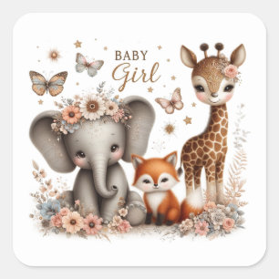 Cute Baby Girl Elephant, Fox and Giraffe Square Sticker