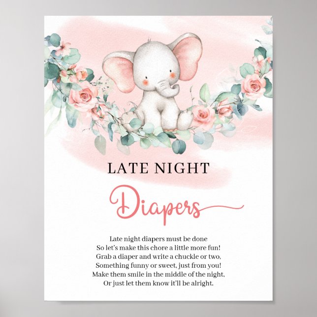 Cute baby Girl Elephant Late Night Diapers sign (Front)