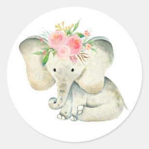Cute Baby Girl Elephant with Flowers Classic Round Sticker