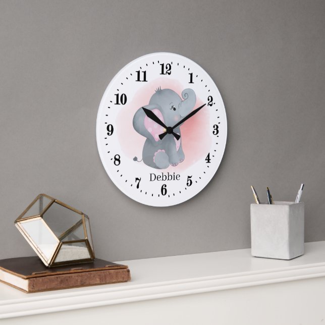 cute baby girl elephants add name large clock (Office)