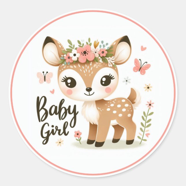 Cute Baby Girl Fawn with Butterflies and Flowers Classic Round Sticker (Front)