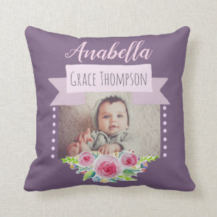 Cute Baby Girl Flower Photo Birth Announcement Cushion