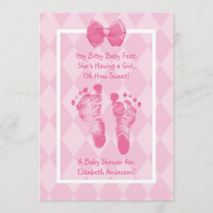 Cute Baby Girl Footprints Baby Shower Pink Ribbon Invitation