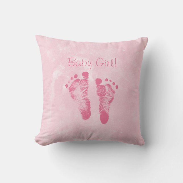 Cute Baby Girl Footprints Birth Announcement Cushion (Front)
