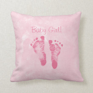 Cute Baby Girl Footprints Birth Announcement Cushion