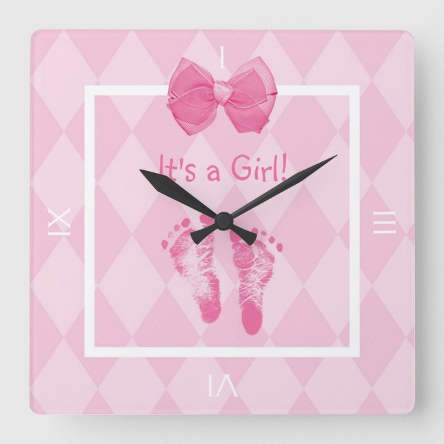 Cute Baby Girl Footprints Birth Announcement Square Wall Clock (Front)