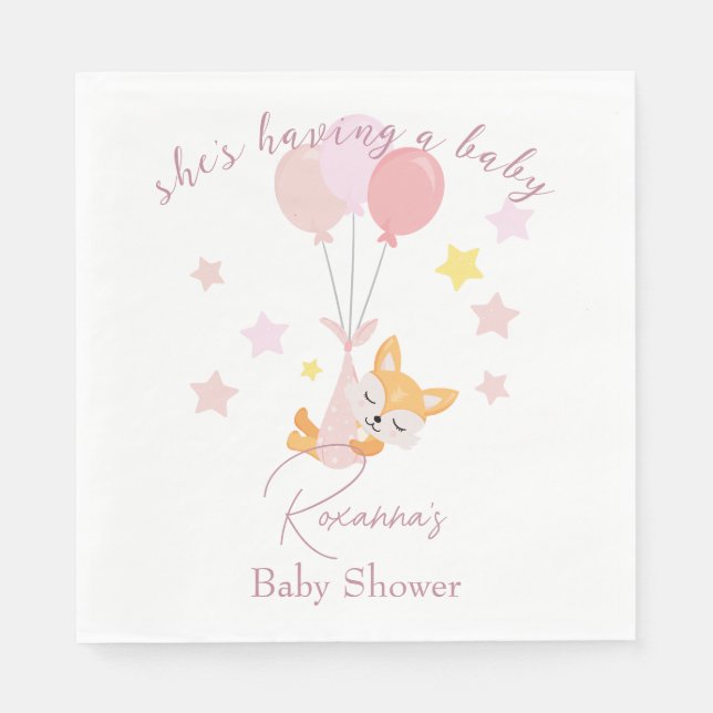 Cute Baby Girl Fox and Balloons Napkin (Front)