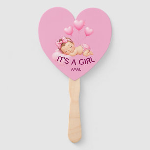 Cute Baby Girl Heart Hand Fan - It's A Girl Pink H