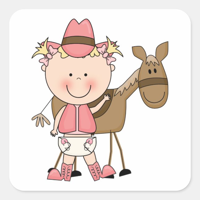 Cute Baby Girl & Horse Pony Custom Western Square Sticker (Front)