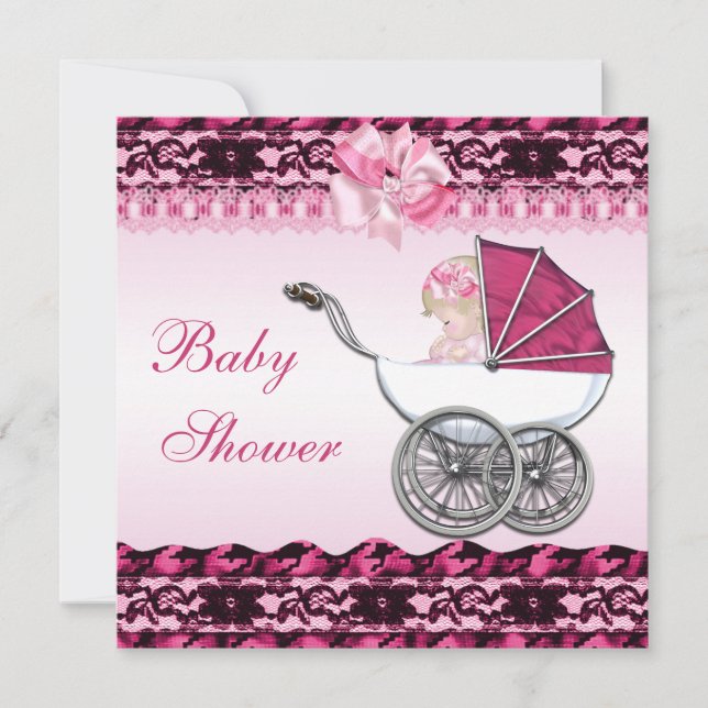 Cute Baby Girl in Pink Carriage Baby Shower Invitation (Front)