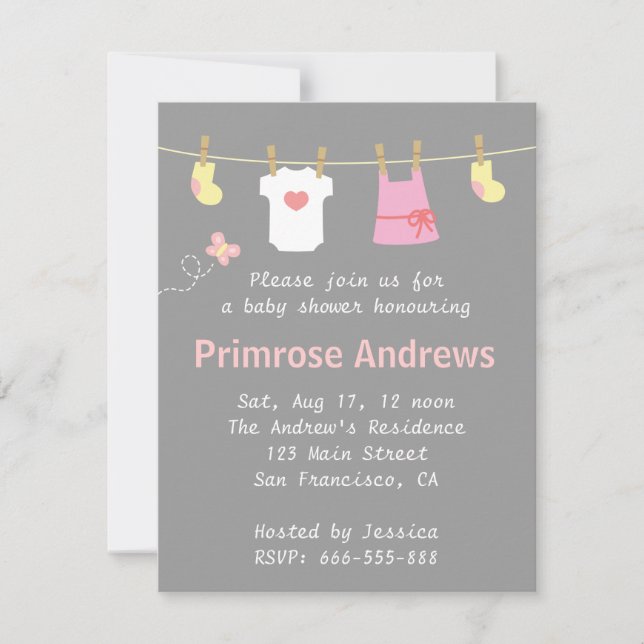 Cute Baby Girl Items on Clothes Line Baby Shower Invitation (Front)