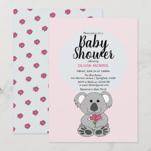Cute Baby Girl Koala Bear Cartoon Name Baby Shower Invitation