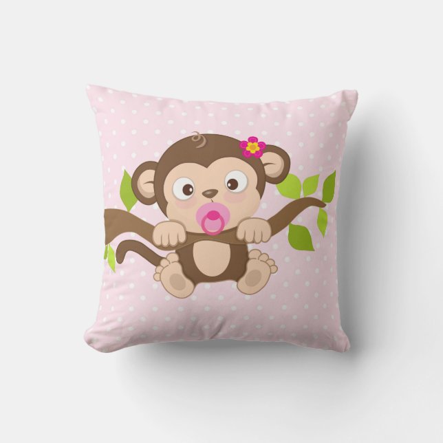 Cute Baby Girl Monkey Pink Polka Dots Throw Pillow (Front)
